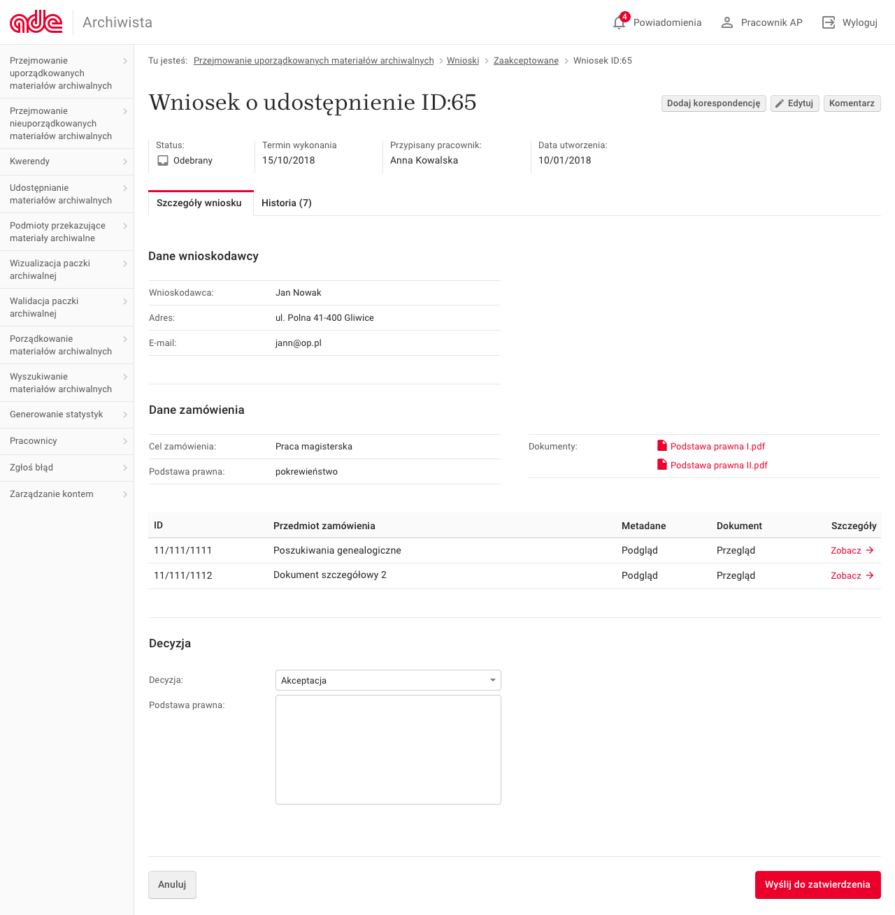 ADE Archiwista - Szczegóły wniosku o udostępnienie