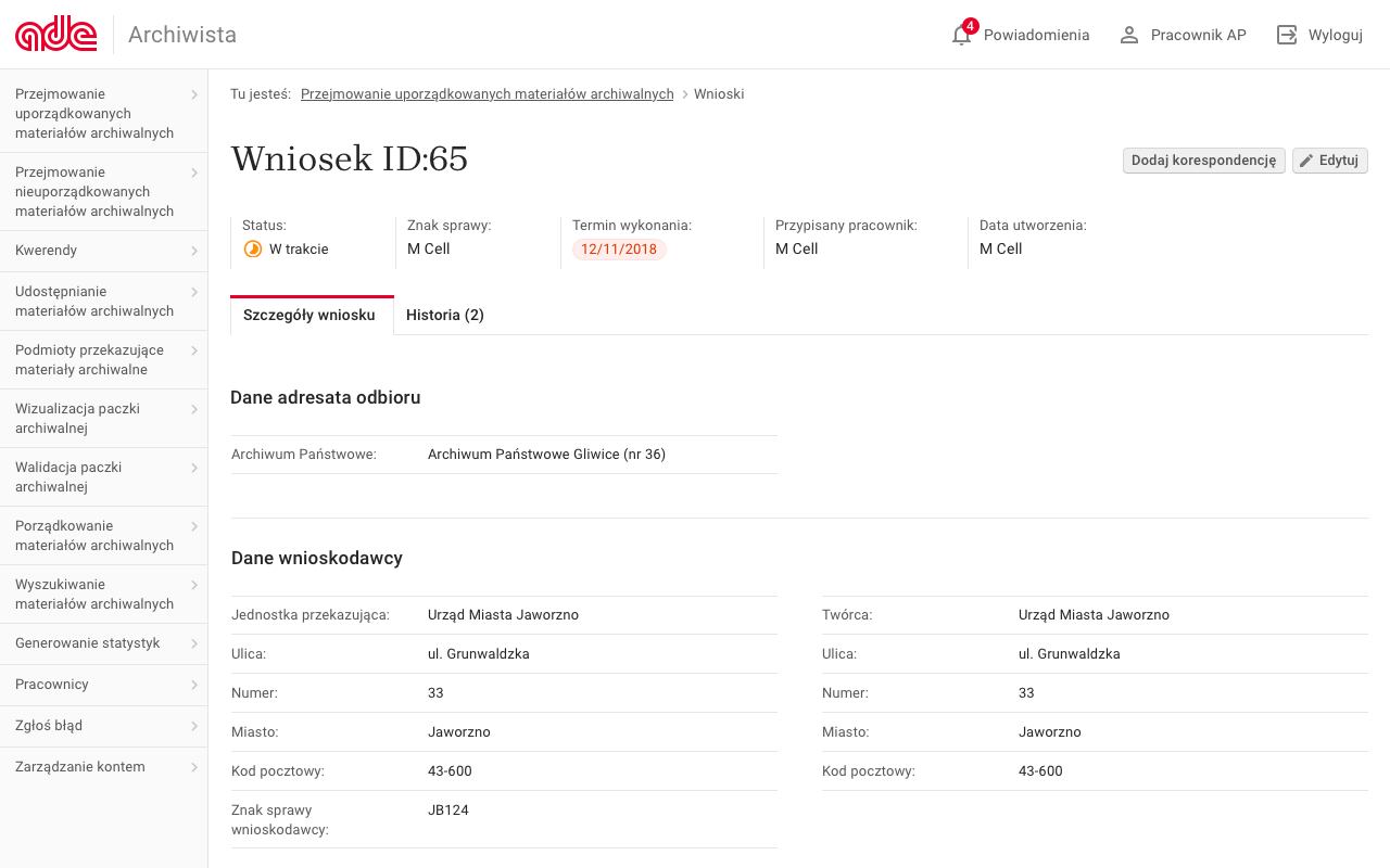 ADE Archiwista - Szczegóły wniosku